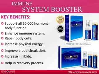 http://www.enloving.com 
IMMUNE 
SYSTEM BOOSTER 
KEY BENEFITS: 
Support all 20,000 hormonal 
body function. 
Enhance immune system. 
Repair body cells. 
Increase physical energy. 
Improve blood circulation. 
Increase in libido. 
Help in recovery process. 
PRODUCT OF AUSTRALIA 
 