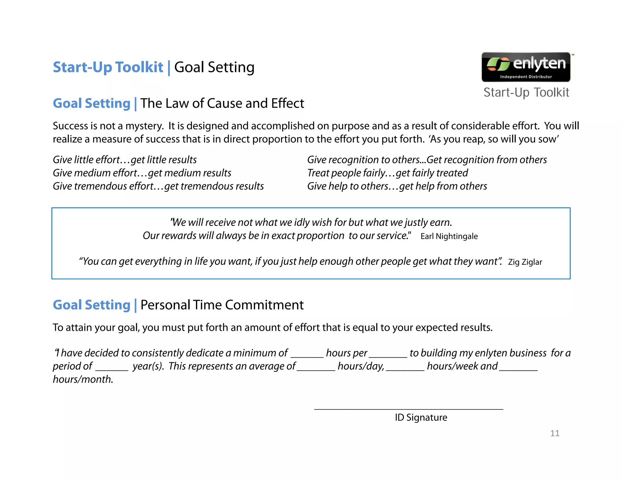 Start-Up Toolkit | Goal Setting
                                                                                                         Start-Up T lkit
                                                                                                         St t U Toolkit
Goal Setting | The Law of Cause and Effect
Success is not a mystery. It is designed and accomplished on purpose and as a result of considerable effort. You will
realize a measure of success that is in direct proportion to the effort you put forth. ‘As you reap, so will you sow’
Give little effort…get little results                     Give recognition to others...Get recognition from others
Give medium effort…get medium results                     Treat people fairly…get fairly treated
Give tremendous effort…get tremendous results             Give help to others…get help from others


                          "We will receive not what we idly wish for but what we justly earn.
                    Our rewards will always be in exact proportion to our service."   Earl Nightingale

     “You can get everything in life you want, if you just help enough other people get what they want”.     Zig Ziglar




Goal Setting | Personal Time Commitment
To attain your goal, you must put forth an amount of effort that is equal to your expected results.
          y    g ,y           p                                      q       y      p

“I have decided to consistently dedicate a minimum of ______ hours per _______ to building my enlyten business for a
period of ______ year(s). This represents an average of _______ hours/day, _______ hours/week and _______
hours/month.

                                                            _____________________________________
                                                                            ID Signature
                                                                                                                          11
 