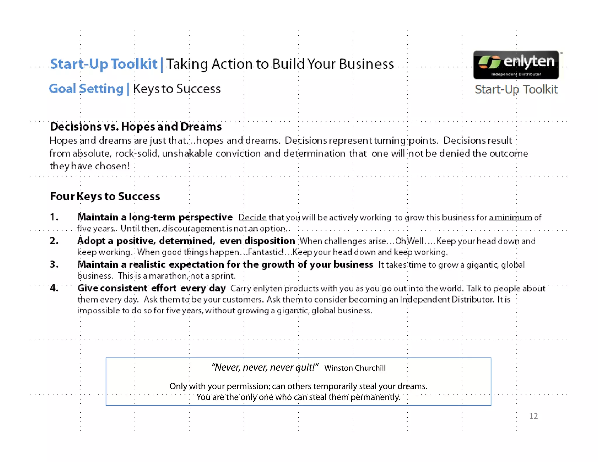“Never, never, never quit!”   Winston Churchill

Only with your permission; can others temporarily steal your dreams.
      You are the only one who can steal them permanently.

                                                                       12
 