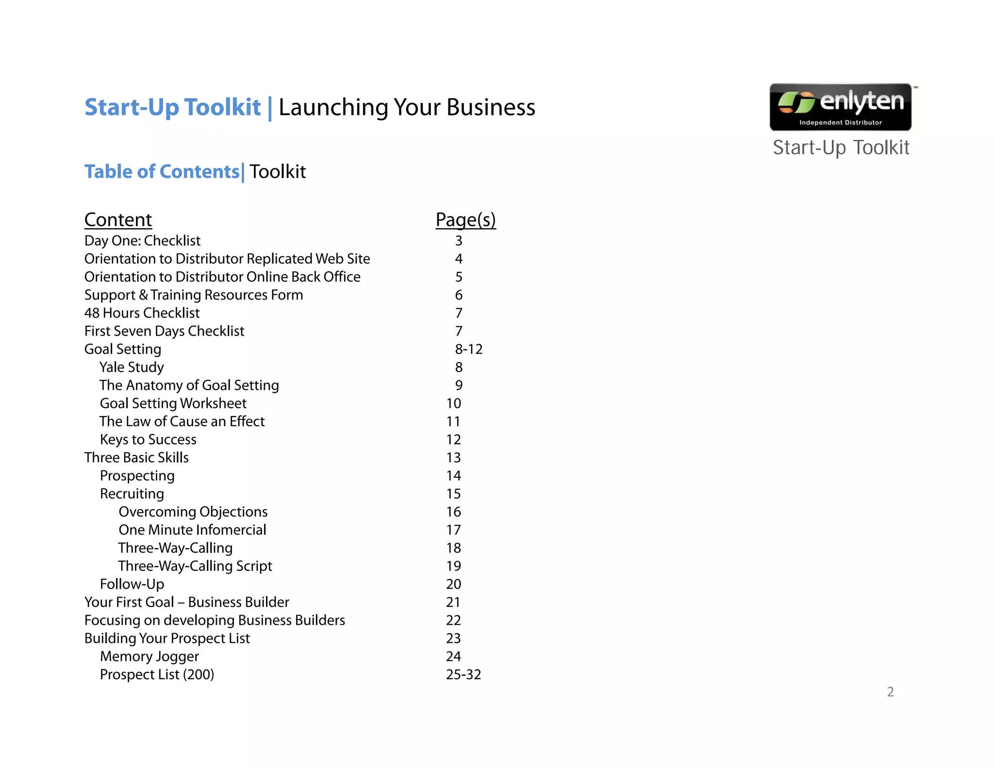 Start-Up Toolkit | Launching Your Business
                                                           Start-Up T lkit
                                                           St t U Toolkit
Table of Contents| Toolkit

Content                                          Page(s)
Day One: Checklist                                 3
Orientation to Distributor Replicated Web Site     4
Orientation to Distributor Online Back Office      5
Support & Training Resources Form                  6
48 Hours Checklist                                 7
First Seven Days Checklist                         7
Goal Setting                                       8-12
   Yale Study                                      8
   The Anatomy of Goal Setting                     9
   Goal Setting Worksheet                         10
   The Law of Cause an Effect                     11
   Keys to Success                                12
Three Basic Skills                                13
   Prospecting                                    14
   Recruiting                                     15
       Overcoming Objections                      16
       One Minute Infomercial                     17
       Three-Way-Calling                          18
       Three-Way-Calling Script                   19
   Follow-Up                                      20
Your First Goal – Business Builder                21
Focusing on developing Business Builders
         g          p g                           22
Building Your Prospect List                       23
   Memory Jogger                                  24
   Prospect List (200)                            25-32
                                                                       2
 
