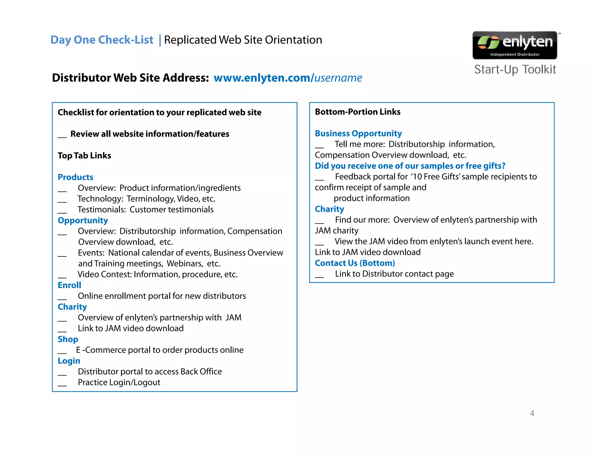 Day One Check-List | Replicated Web Site Orientation

                                                                                                       Start-Up Toolkit
Distributor Web Site Address: www.enlyten.com/username

 Checklist for orientation to your replicated web site       Bottom-Portion Links

 __ Review all website information/features                  Business Opportunity
                                                             __ Tell me more: Distributorship information,
                                                                          more Distrib torship information
 Top Tab Links                                               Compensation Overview download, etc.
                                                             Did you receive one of our samples or free gifts?
 Products                                                    __ Feedback portal for ‘10 Free Gifts’ sample recipients to
 __ Overview: Product information/ingredients                confirm receipt of sample and
 __ Technology: Terminology, Video, etc
                                      etc.                        product information
 __ Testimonials: Customer testimonials                      Charity
 Opportunity                                                 __ Find our more: Overview of enlyten’s partnership with
 __ Overview: Distributorship information, Compensation      JAM charity
      Overview download, etc.                                __ View the JAM video from enlyten’s launch event here.
 __ Events: National calendar of events, Business Overview   Link to JAM video download
      and Training meetings, Webinars, etc.                  Contact Us (Bottom)
 __ Video Contest: Information, procedure, etc.              __ Link to Distributor contact page
 Enroll
 __ Online enrollment portal for new distributors
 Charity
 __ Overview of enlyten’s partnership with JAM
 __ Link to JAM video download
 Shop
 __ E -Commerce portal to order products online
 Login
 __ Distributor portal to access Back Office
 __ Practice Login/Logout


                                                                                                                      4
 