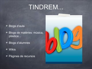 TINDREM...
Blogs d’aula
Blogs de matèries: música,
plàstica...
Blogs d’alumnes
Wikis
Pàgines de recursos
 