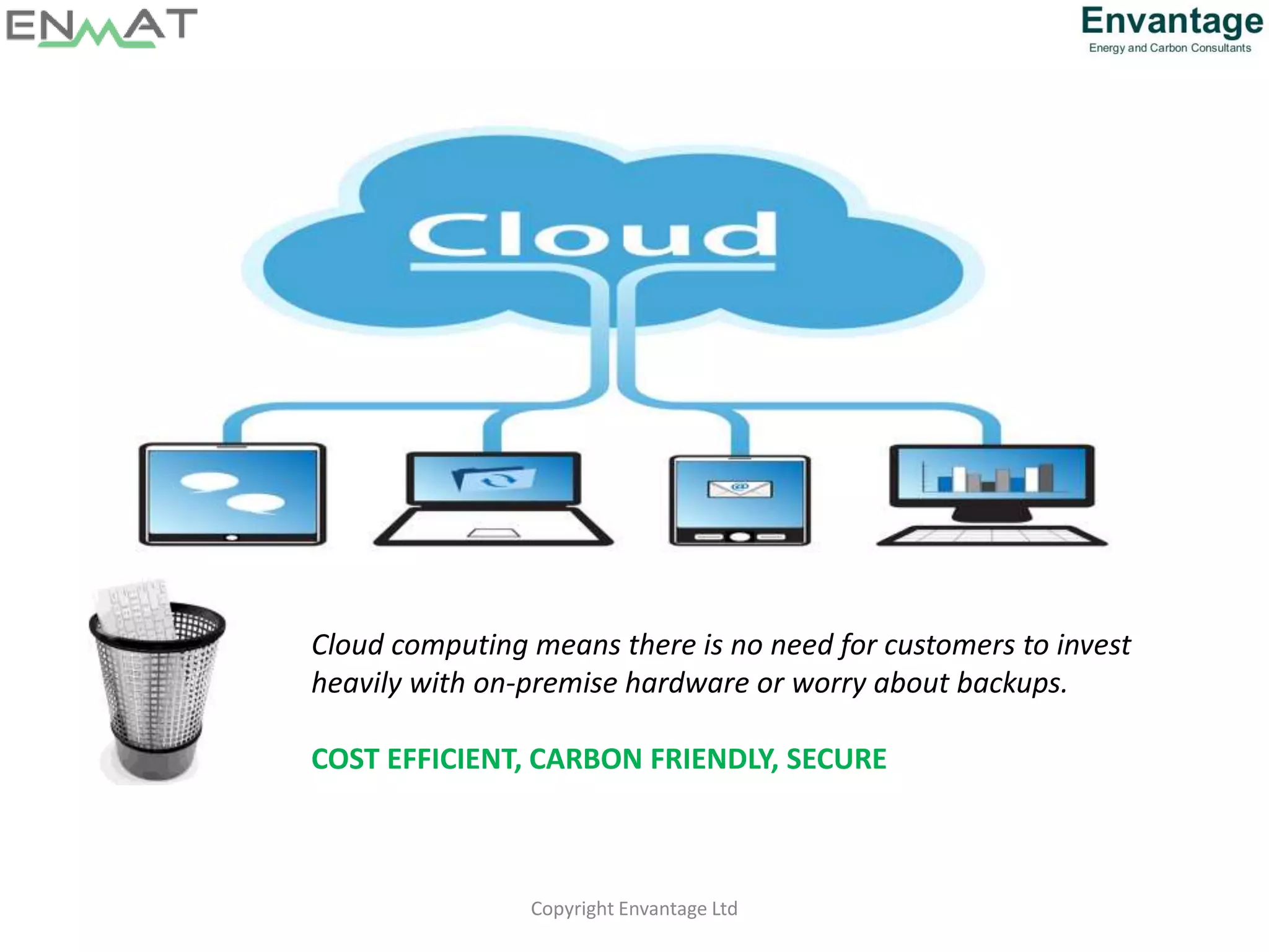 Copyright Envantage Ltd
Cloud computing means there is no need for customers to invest
heavily with on-premise hardware or worry about backups.
COST EFFICIENT, CARBON FRIENDLY, SECURE
 