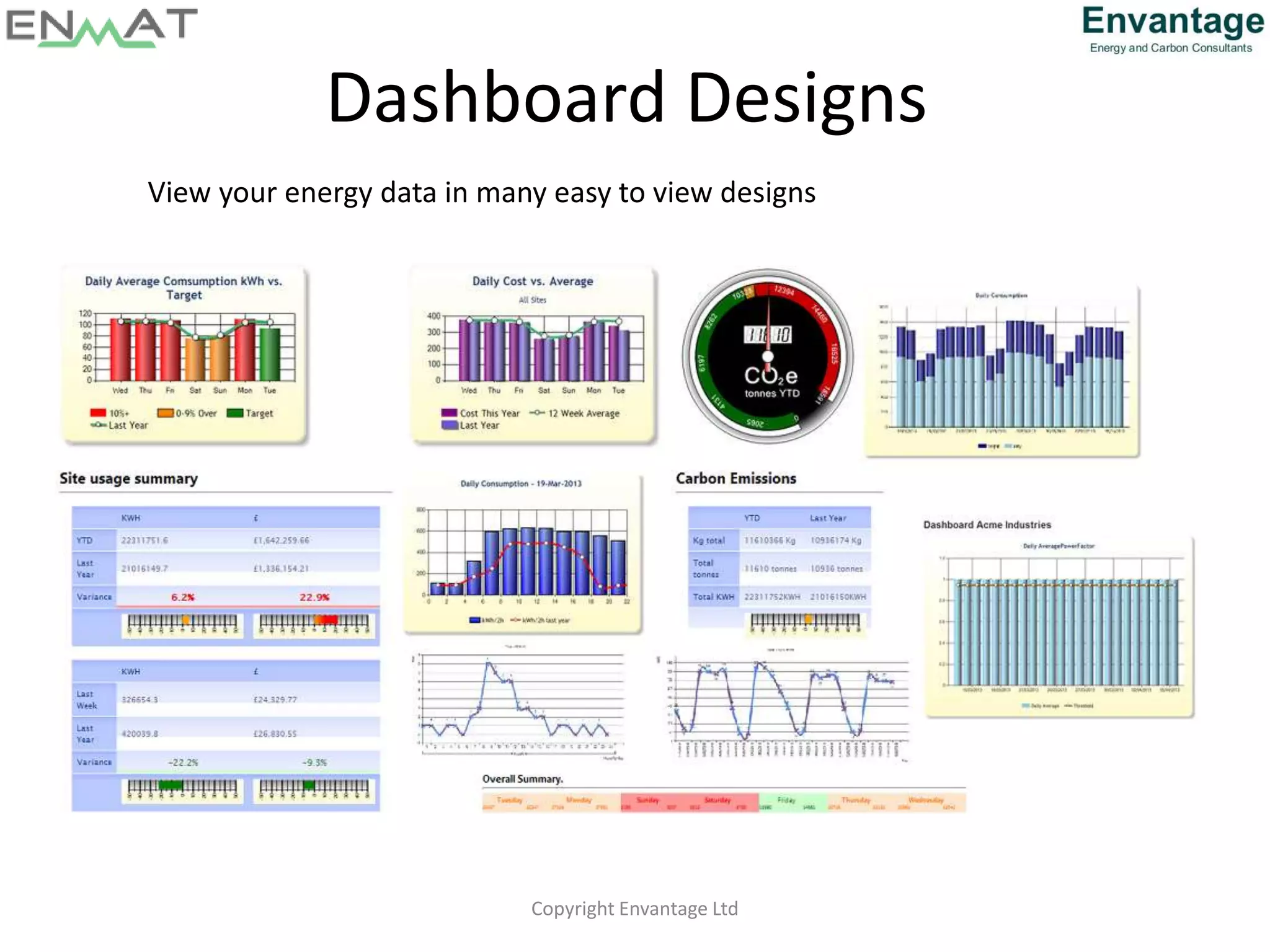 Dashboard Designs
Copyright Envantage Ltd
View your energy data in many easy to view designs
 