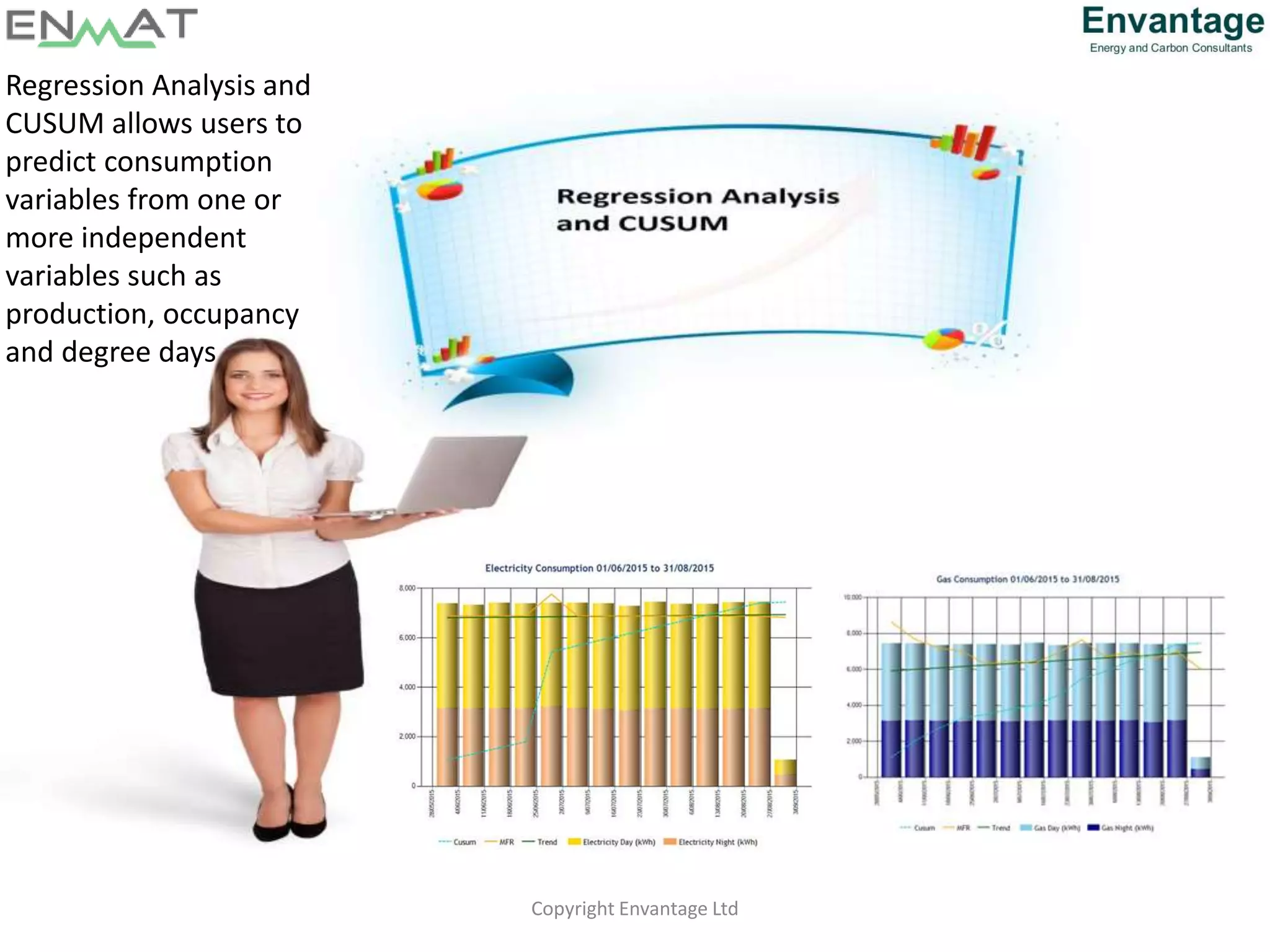 Copyright Envantage Ltd
Regression Analysis and
CUSUM allows users to
predict consumption
variables from one or
more independent
variables such as
production, occupancy
and degree days
 