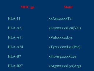 MHC gp Motif
HLA-11 xxAspxxxxxTyr
HLA-A2,1 xLeuxxxxxxLeu(VaI)
HLA-A11 xVaIxxxxxxLys
HLA-A24 xTyrxxxxxxLeu(Phe)
HLA-B7 xProArgxxxxxLeu
HLA-B27 xArgxxxxxxLys(Arg)
 