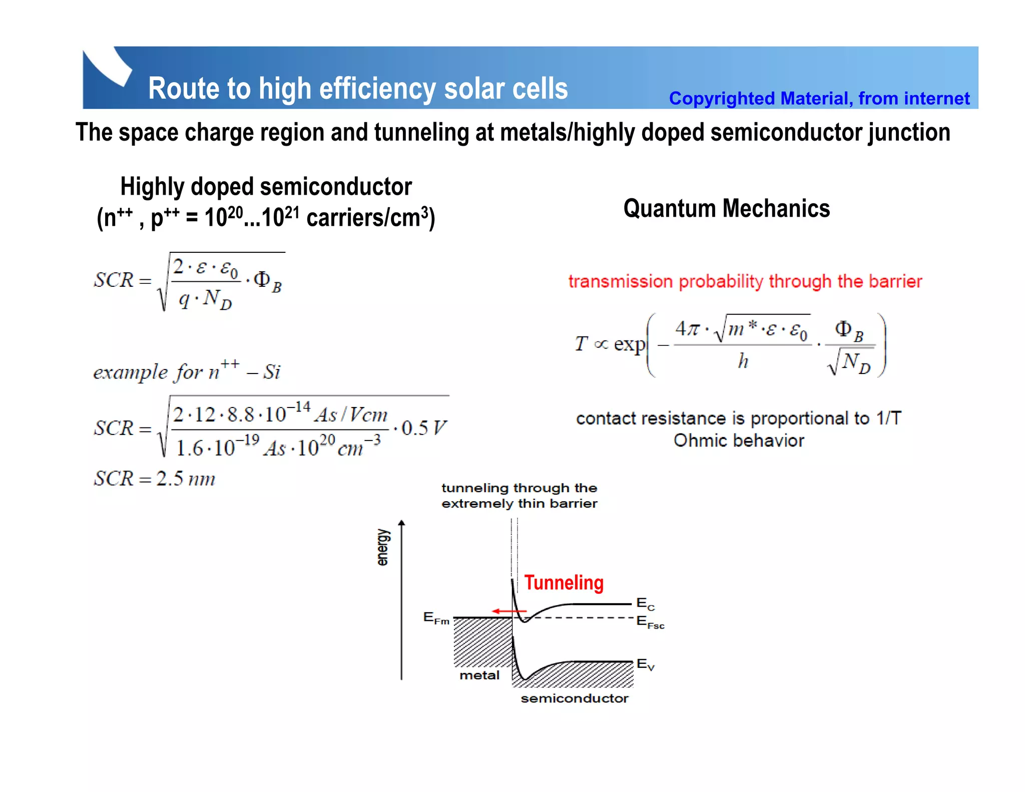 Route to high efficiency solar cells               Copyrighted Material, from internet
The space charge region and tunneling at metals/highly doped semiconductor junction

    Highly doped semiconductor
  (n++ , p++ = 1020...1021 carriers/cm3)               Quantum Mechanics




                                           Tunneling
 