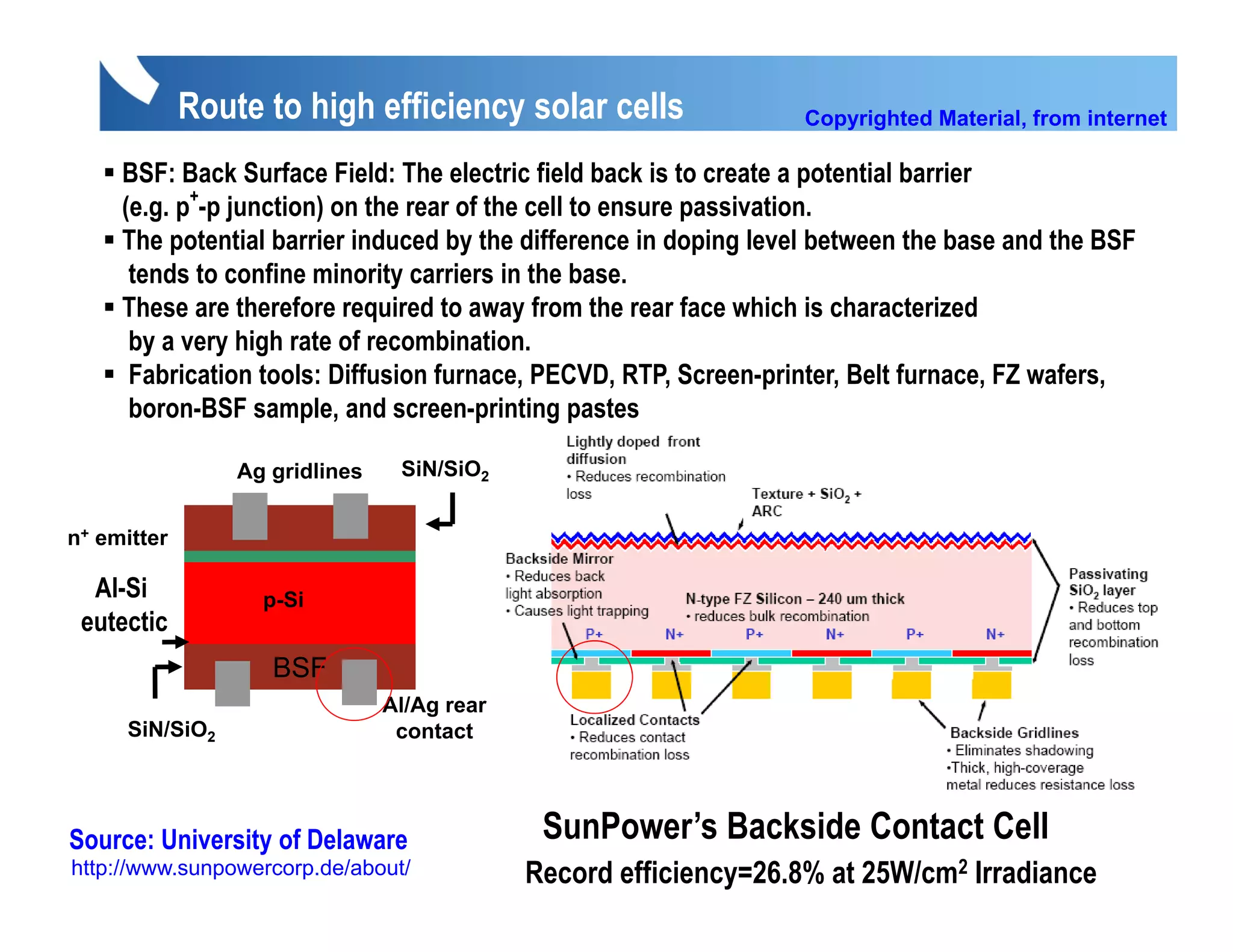 Route to high efficiency solar cells                  Copyrighted Material, from internet

     BSF: Back Surface Field: The electric field back is to create a potential barrier
     (e.g. p+-p junction) on the rear of the cell to ensure passivation.
     The potential barrier induced by the difference in doping level between the base and the BSF
      tends to confine minority carriers in the base.
     These are therefore required to away from the rear face which is characterized
      by a very high rate of recombination.
      Fabrication tools: Diffusion furnace, PECVD, RTP, Screen-printer, Belt furnace, FZ wafers,
      boron BSF
      boron-BSF sample, and screen-printing pastes
                                screen printing

                 Ag gridlines    SiN/SiO2


n+ emitter

  Al-Si            p-Si
 eutectic
                    BSF
                                Al/Ag rear
     SiN/SiO2                    contact




Source: University of Delaware                SunPower’s Backside Contact Cell
http://www.sunpowercorp.de/about/            Record efficiency=26.8% at 25W/cm2 Irradiance
 