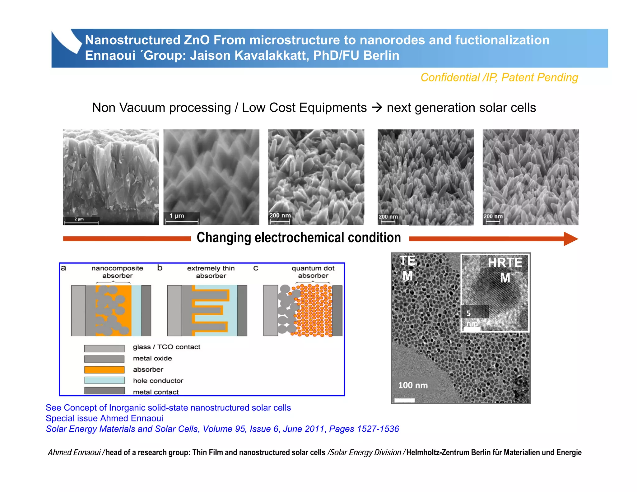 Nanostructured ZnO From microstructure to nanorodes and fuctionalization
           Ennaoui ´Group: Jaison Kavalakkatt, PhD/FU Berlin
                                                                                                               Confidential /IP, Patent Pending

             Non Vacuum processing / Low Cost Equipments                                             next generation solar cells




                                            Changing electrochemical condition
                                                                                                         TE                        HRTE
                                                                                                         M                          M

                                                                                                                             5 
                                                                                                                             nm




                                                                                                         100 nm

See Concept of Inorganic solid-state nanostructured solar cells
Special issue Ahmed Ennaoui
Solar Energy Materials and Solar Cells, Volume 95, Issue 6, June 2011, Pages 1527-1536

Ahmed Ennaoui / head of a research group: Thin Film and nanostructured solar cells /Solar Energy Division / Helmholtz-Zentrum Berlin für Materialien und Energie
 