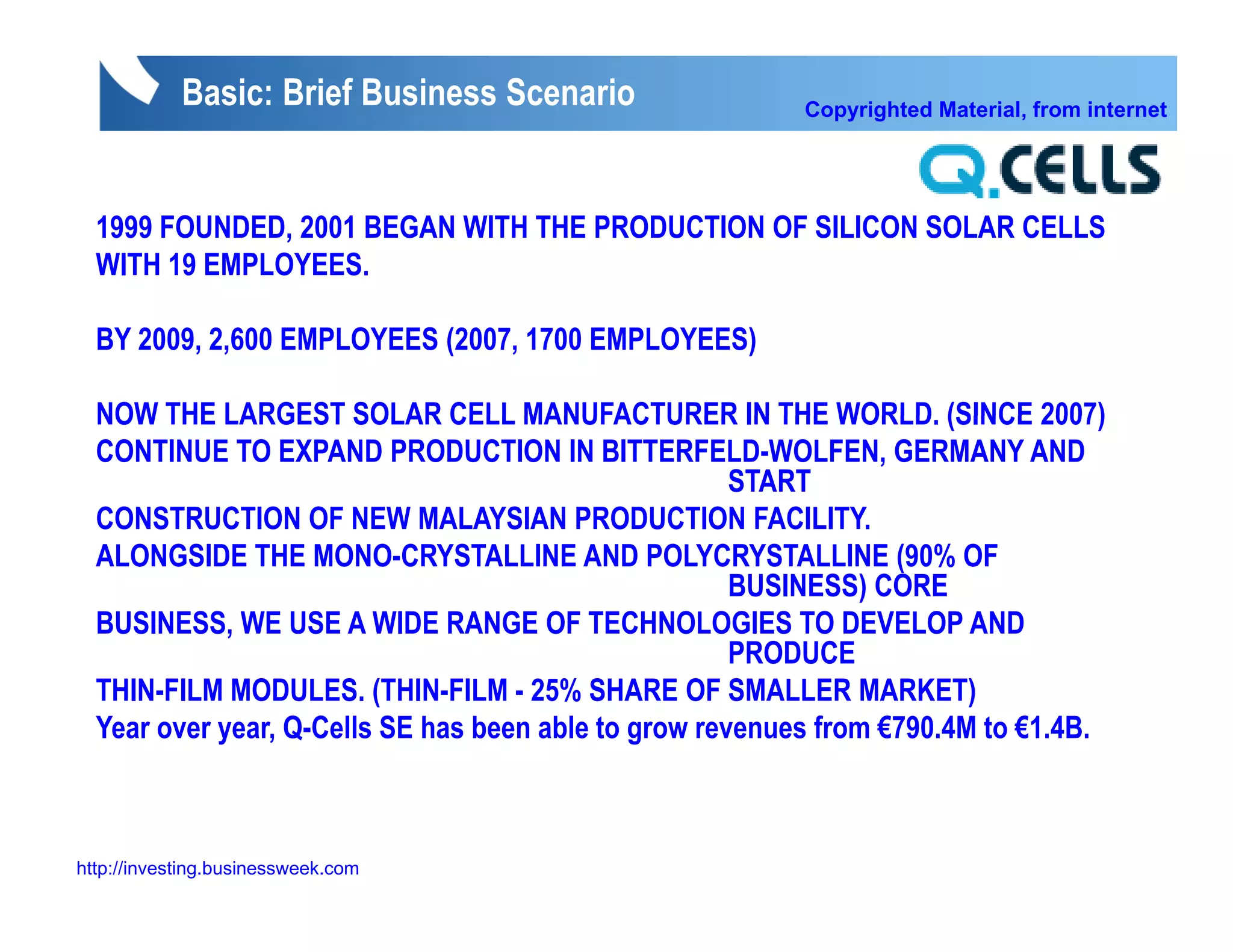Basic: Brief Business Scenario                Copyrighted Material, from internet




  1999 FOUNDED, 2001 BEGAN WITH THE PRODUCTION OF SILICON SOLAR CELLS
  WITH 19 EMPLOYEES.

  BY 2009, 2,600 EMPLOYEES (2007, 1700 EMPLOYEES)

  NOW THE LARGEST SOLAR CELL MANUFACTURER IN THE WORLD. (SINCE 2007)
                                                              WORLD
  CONTINUE TO EXPAND PRODUCTION IN BITTERFELD-WOLFEN, GERMANY AND
                                                      START
  CONSTRUCTION OF NEW MALAYSIAN PRODUCTION FACILITY.
  ALONGSIDE THE MONO-CRYSTALLINE AND POLYCRYSTALLINE (90% OF
                                                      BUSINESS) CORE
  BUSINESS, WE USE A WIDE RANGE OF TECHNOLOGIES TO DEVELOP AND
                                                      PRODUCE
  THIN-FILM MODULES. (THIN-FILM - 25% SHARE OF SMALLER MARKET)
  Year over year, Q-Cells SE has been able to grow revenues from €790.4M to €1.4B.



http://investing.businessweek.com
 