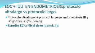 EOC + IUU EN ENDOMETRIOSIS:protocolo
ultralargo vs protocolo largo.
 Protocolo ultralargo vs protocol largo en endometriosis III y
IV: 50 versus 19%. P<0.05
 Estudio ECA: Nivel de evidencia Ib.
 