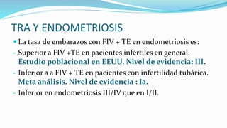 TRA Y ENDOMETRIOSIS
 La tasa de embarazos con FIV + TE en endometriosis es:
- Superior a FIV +TE en pacientes infértiles en general.
Estudio poblacional en EEUU. Nivel de evidencia: III.
- Inferior a a FIV + TE en pacientes con infertilidad tubárica.
Meta análisis. Nivel de evidencia : Ia.
- Inferior en endometriosis III/IV que en I/II.
 