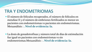 TRA Y ENDOMETRIOMAS
 El número de folículos recuperados, el número de folículos en
metafase II y el número de embriones fertilizados es menor en
pacientes con endometriomas vs pacientes sin endometriomas.
Metaanálisis : . Nivel de evidencia: Ia.
 La dosis de gonadotrofinas y número total de días de estimulación
fue igual en pacientes con endometriomas vs sin
endometriomas.Metaanálisis : . Nivel de evidencia: Ia.
 