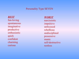 Personality Type SEVEN BEST fun-loving spontaneous imaginative  productive enthusiastic quick confident charming  curious WORST narcissistic impulsive unfocused rebellious undisciplined possessive manic self-destructive restless 