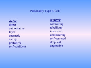 Personality Type EIGHT BEST direct authoritative loyal energetic earthy protective self-confident WORST controlling rebellious insensitive domineering self-centered skeptical aggressive 