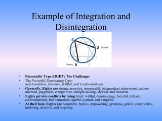 Example of Integration and Disintegration Personality Type EIGHT: The Challenger The Powerful, Dominating Type:  Self-Confident, Decisive, Willful, and Confrontational  Generally, Eights are  strong, assertive, resourceful, independent, determined, action-oriented, pragmatic, competitive, straight-talking, shrewd, and insistent.  Eights get into conflicts by being  blunt, willful, domineering, forceful, defiant, confrontational, bad-tempered, rageful, cynical, and vengeful.  At their best, Eights are  honorable, heroic, empowering, generous, gentle, constructive, initiating, decisive, and inspiring.  