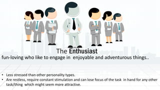 The Enthusiast
fun-loving who like to engage in enjoyable and adventurous things..
• Less stressed than other personality types.
• Are restless, require constant stimulation and can lose focus of the task in hand for any other
task/thing which might seem more attractive.
 
