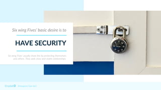 Six wing Fives’ basic desire is to
Six wing Fives’ usually show this by protec=ng themselves
and others. They seek close and stable rela=onships.
HAVE SECURITY
Enneagram Type 6w5
 