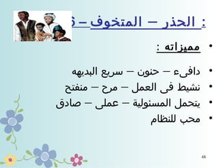 ‫: الحذر – المتخوف – 6‬
‫• مميزاته :‬
‫دافىء – حنون – سريع البديهه‬
‫نشيط فى العمل – مرح – منفتح‬
‫يتحمل المسئولية – عملى – صادق‬
‫محب للنظام‬

‫•‬
‫•‬
‫•‬
‫•‬

‫84‬

 