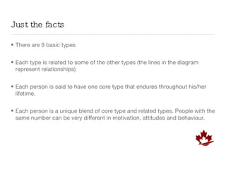 Just the facts There are 9 basic types Each type is related to some of the other types (the lines in the diagram represent relationships) Each person is said to have one core type that endures throughout his/her lifetime.  Each person is a unique blend of core type and related types. People with the same number can be very different in motivation, attitudes and behaviour. 