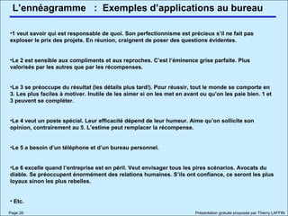 L’ennéagramme
Page 26 Présentation gratuite proposée par Thierry LAFFIN
: Exemples d’applications au bureau
•1 veut savoir qui est responsable de quoi. Son perfectionnisme est précieux s’il ne fait pas
exploser le prix des projets. En réunion, craignent de poser des questions évidentes.
•Le 2 est sensible aux compliments et aux reproches. C’est l’éminence grise parfaite. Plus
valorisés par les autres que par les récompenses.
•Le 3 se préoccupe du résultat (les détails plus tard!). Pour réussir, tout le monde se comporte en
3. Les plus faciles à motiver. Inutile de les aimer si on les met en avant ou qu’on les paie bien. 1 et
3 peuvent se compléter.
•Le 4 veut un poste spécial. Leur efficacité dépend de leur humeur. Aime qu’on sollicite son
opinion, contrairement au 5. L’estime peut remplacer la récompense.
•Le 5 a besoin d’un téléphone et d’un bureau personnel.
•Le 6 excelle quand l’entreprise est en péril. Veut envisager tous les pires scénarios. Avocats du
diable. Se préoccupent énormément des relations humaines. S’ils ont confiance, ce seront les plus
loyaux sinon les plus rebelles.
• Etc.
 