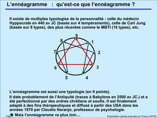 L’ennéagramme
Page 3 Présentation gratuite proposée par Thierry LAFFIN
Il existe de multiples typologies de la personnalité : celle du médecin
Hyppocrate en 440 av JC (basée sur 4 tempéraments), celle de Carl Jung
(basée sur 8 types), des plus récentes comme le MBTI (16 types), etc.
L’ennéagramme est aussi une typologie (en 9 points).
Il date probablement de l’Antiquité (traces à Babylone en 2500 av JC.) et a
été perfectionné par des ordres chrétiens et soufis. Il est finalement
adapté à des fins thérapeutiques et diffusé à partir des USA dans les
années 1970 par Claudio Naranjo, professeur de psychologie.
 Mais l’ennéagramme va plus loin…
: qu’est-ce que l’ennéagramme ?
 