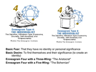 Basic Fear:  That they have no identity or personal significance  Basic Desire:  To find themselves and their significance (to create an     identity)  Enneagram Four with a Three-Wing:  "The Aristocrat"  Enneagram Four with a Five-Wing:  "The Bohemian"  