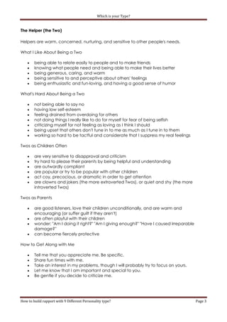 Which is your Type?


The Helper (the Two)

Helpers are warm, concerned, nurturing, and sensitive to other people's needs.

What I Like About Being a Two

       being able to relate easily to people and to make friends
       knowing what people need and being able to make their lives better
       being generous, caring, and warm
       being sensitive to and perceptive about others' feelings
       being enthusiastic and fun-loving, and having a good sense of humor

What's Hard About Being a Two

       not being able to say no
       having low self-esteem
       feeling drained from overdoing for others
       not doing things I really like to do for myself for fear of being selfish
       criticizing myself for not feeling as loving as I think I should
       being upset that others don't tune in to me as much as I tune in to them
       working so hard to be tactful and considerate that I suppress my real feelings

Twos as Children Often

       are very sensitive to disapproval and criticism
       try hard to please their parents by being helpful and understanding
       are outwardly compliant
       are popular or try to be popular with other children
       act coy, precocious, or dramatic in order to get attention
       are clowns and jokers (the more extroverted Twos), or quiet and shy (the more
        introverted Twos)

Twos as Parents

       are good listeners, love their children unconditionally, and are warm and
        encouraging (or suffer guilt if they aren't)
       are often playful with their children
       wonder: "Am I doing it right?" "Am I giving enough?" "Have I caused irreparable
        damage?"
       can become fiercely protective

How to Get Along with Me

       Tell me that you appreciate me. Be specific.
       Share fun times with me.
       Take an interest in my problems, though I will probably try to focus on yours.
       Let me know that I am important and special to you.
       Be gentle if you decide to criticize me.




How to build rapport with 9 Different Personality type?                                   Page 3
 