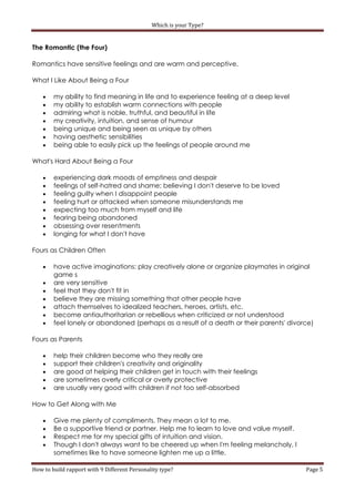 Which is your Type?


The Romantic (the Four)

Romantics have sensitive feelings and are warm and perceptive.

What I Like About Being a Four

       my ability to find meaning in life and to experience feeling at a deep level
       my ability to establish warm connections with people
       admiring what is noble, truthful, and beautiful in life
       my creativity, intuition, and sense of humour
       being unique and being seen as unique by others
       having aesthetic sensibilities
       being able to easily pick up the feelings of people around me

What's Hard About Being a Four

       experiencing dark moods of emptiness and despair
       feelings of self-hatred and shame; believing I don't deserve to be loved
       feeling guilty when I disappoint people
       feeling hurt or attacked when someone misunderstands me
       expecting too much from myself and life
       fearing being abandoned
       obsessing over resentments
       longing for what I don't have

Fours as Children Often

       have active imaginations: play creatively alone or organize playmates in original
        game s
       are very sensitive
       feel that they don't fit in
       believe they are missing something that other people have
       attach themselves to idealized teachers, heroes, artists, etc.
       become antiauthoritarian or rebellious when criticized or not understood
       feel lonely or abandoned (perhaps as a result of a death or their parents' divorce)

Fours as Parents

       help their children become who they really are
       support their children's creativity and originality
       are good at helping their children get in touch with their feelings
       are sometimes overly critical or overly protective
       are usually very good with children if not too self-absorbed

How to Get Along with Me

       Give me plenty of compliments. They mean a lot to me.
       Be a supportive friend or partner. Help me to learn to love and value myself.
       Respect me for my special gifts of intuition and vision.
       Though I don't always want to be cheered up when I'm feeling melancholy, I
        sometimes like to have someone lighten me up a little.

How to build rapport with 9 Different Personality type?                                 Page 5
 