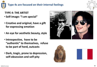 Type 4s are focused on their internal feelings

        TYPE 4: THE ARTIST
       • Self-image: “I am special”

       • Creative and original, have a gift
         for expressing emotion

       • An eye for aesthetic beauty, style

       • Introspective, have to be
         “authentic” to themselves, refuse
         to be part of herd, outcasts

       • Dark, tragic, prone to depression,
         self-obsession and self-pity

020910 Chris Doran                                              14
 