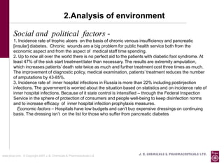 2.Analysis of environment

        Social and political factors -
        1. Incidence rate of trophic ulcers on the basis of chronic venous insufficiency and pancreatic
        [insular] diabetes. Chronic wounds are a big problem for public health service both from the
        economic aspect and from the aspect of medical staff time spending.
        2. Up to now all over the world there is no perfect aid to the patients with diabetic foot syndrome. At
        least 47% of the sick start treatment later than necessary. The results are extremity amputation,
        which increases patients’ death rate twice as much and further treatment cost three times as much.
        The improvement of diagnostic policy, medical examination, patients’ treatment reduces the number
        of amputations by 43-85%.
        3. Incidence rate of inner hospital infections in Russia is more than 22% including postinjection
        infections. The government is worried about the situation based on statistics and on incidence rate of
        inner hospital infections. Because of it state control is intensified – through the Federal Inspection
        Service in the sphere of protection of consumers and people well-being to keep disinfection norms
        and to increase efficacy of inner hospital infection prophylaxis measures.
           Economic factors – Hospitals have low budgets and can’t buy expensive dressings on continuing
        basis. The dressing isn’t on the list for those who suffer from pancreatic diabetes




www.jbcpl.com. © Copyright 2007 J. B. Chemicals & Pharmaceuticals Ltd .   J. B. Chemicals & Pharmaceuticals Ltd.
 