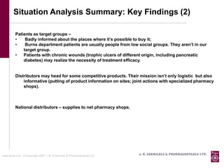 Situation Analysis Summary: Key Findings (2)

          Patients as target groups –
          •    Badly informed about the places where it’s possible to buy it;
          •    Burns department patients are usually people from low social groups. They aren’t in our
              target group.
          •   Patients with chronic wounds (trophic ulcers of different origin, including pancreatic
              diabetes) may realize the necessity of treatment efficacy.


          Distributors may head for some competitive products. Their mission isn’t only logistic but also
              informative (putting of product information on sites; joint actions with specialized pharmacy
              shops).



          National distributors – supplies to net pharmacy shops.




www.jbcpl.com. © Copyright 2007 J. B. Chemicals & Pharmaceuticals Ltd .   J. B. Chemicals & Pharmaceuticals Ltd.
 