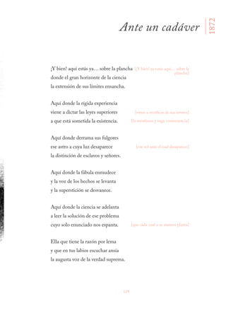 129
¡Y bien! aquí estás ya… sobre la plancha
donde el gran horizonte de la ciencia
la extensión de sus límites ensancha.
Aquí donde la rígida experiencia
viene a dictar las leyes superiores
a que está sometida la existencia.
Aquí donde derrama sus fulgores
ese astro a cuya luz desaparece
la distinción de esclavos y señores.
Aquí donde la fábula enmudece
y la voz de los hechos se levanta
y la superstición se desvanece.
Aquí donde la ciencia se adelanta
a leer la solución de ese problema
cuyo solo enunciado nos espanta.
Ella que tiene la razón por lema
y que en tus labios escuchar ansía
la augusta voz de la verdad suprema.
Ante un cadáver
1872
[¡Y bien! ya estás aquí… sobre la
plancha]
[viene a rectificar de sus errores]
[la mentirosa y vaga consecuencia]
[que cada cual a su manera planta]
[ese sol ante el cual desaparece]
 