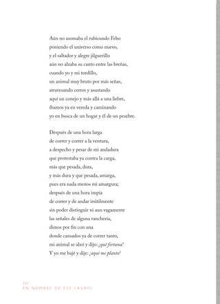 162
E N N O M B R E D E E S E L A U R E L
Aún no asomaba el rubicundo Febo
poniendo el universo como nuevo,
y el saltador y alegre jilguerillo
aún no alzaba su canto entre las breñas,
cuando yo y mi tordillo,
un animal muy bruto por más señas,
atravesando cerros y asustando
aquí un conejo y más allá a una liebre,
íbamos ya en vereda y caminando
yo en busca de un hogar y él de un pesebre.
Después de una hora larga
de correr y correr a la ventura,
a despecho y pesar de mi andadura
que protestaba ya contra la carga,
más que pesada, dura,
y más dura y que pesada, amarga,
pues era nada menos mi amargura;
después de una hora impía
de correr y de andar inútilmente
sin poder distinguir ni aun vagamente
las señales de alguna ranchería,
dimos por fin con una
donde cansados ya de correr tanto,
mi animal se alzó y dijo: ¡qué fortuna!
Y yo me bajé y dije: ¡aquí me planto!
 