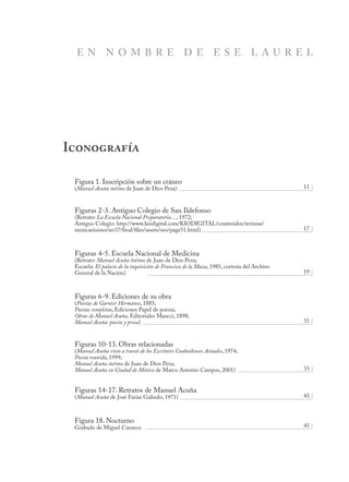 Figura 1. Inscripción sobre un cráneo
(Manuel Acuña íntimo de Juan de Dios Peza)
Figuras 2-3. Antiguo Colegio de San Ildefonso
(Retrato: La Escuela Nacional Preparatoria…, 1972;
Antiguo Colegio: http://www.kiodigital.com/KIODIGITAL/contenidos/revistas/
mexicanisimo/no37/final/files/assets/seo/page51.html)
Figuras 4-5. Escuela Nacional de Medicina
(Retrato: Manuel Acuña íntimo de Juan de Dios Peza;
Escuela: El palacio de la inquisición de Francisco de la Maza, 1985, cortesía del Archivo
General de la Nación)
Figuras 6-9. Ediciones de su obra
(Poesías de Garnier Hermanos, 1885;
Poesías completas, Ediciones Papel de poesía;
Obras de Manuel Acuña, Editoriales Maucci, 1898;
Manuel Acuña: poesía y prosa)
Figuras 10-13. Obras relacionadas
(Manuel Acuña visto a través de los Escritores Coahuilenses Actuales, 1974;
Poesía reunida, 1999;
Manuel Acuña íntimo de Juan de Dios Peza;
Manuel Acuña en Ciudad de México de Marco Antonio Campos, 2001)
Figuras 14-17. Retratos de Manuel Acuña
(Manuel Acuña de José Farías Galindo, 1971)
Figura 18. Nocturno
Grabado de Miguel Canseco
Iconografía
11
17
19
31
33
43
45
E N N O M B R E D E E S E L A U R E L
 