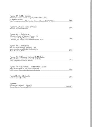 Figuras 47-48. Her Sacrifice
(http://www.4shared.com/all-images/tajtBW0e/LIGIA_DE_
GOLCONDA.html;
http://www.amazon.com/Her-Sacrifice-Gaston-Glass/dp/B007NJTK34)
Figura 49. Obra de teatro El pasado
(Cortesía de Gabriela Balleza)
Figuras 50-52. Influencia
(Nocturno a Rosario de Wilberto Cantón, 1956;
La lavandera de Pepe Monteserín, 2007;
Cinco balas para Manuel Acuña de César Güemes, 2013)
Figuras 53-55. Influencia
(Los tres García, de Ismael Rodríguez, 1946;
Nocturno a Rosario, de Matilde Landeta, 1991;
Acuña. La película, 2013)
Figuras 56-57. Escuela Nacional de Medicina
(Placa: Archivo. Secretaría de Cultura de Coahuila;
Patio: Fotografía de Lourdes Herrasti)
Figuras 58-60. Rotonda de los Hombres Ilustres
(1949: Manuel Acuña de José Farías Galindo, 1971;
2013: Archivo. Secretaría de Cultura de Coahuila)
Figura 61. Has sido Acuña
Grabado de Asis Jaramillo
Figura 62.
Grabado de Navellier & L Marie SC
(Poesías, Garnier Hermanos, 1885)
240
239
249
250
255
256
283
286-287
 