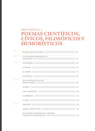 DE AQUÍ SÓLO SALE INDIANA
A LA SOCIEDAD FILOIÁTRICA EN SU
INSTALACIÓN
UNA LIMOSNA
LA RAMERA
EL HOMBRE
LOS BEODOS
EN LA APOTEOSIS DEL ACTOR
MERCED MORALES
OCAMPO
UNO Y QUINIENTOS
LA SOÑADORA
A LAURO
OBLACIÓN
RASGO DE BUEN HUMOR
EN EL TERCER ANIVERSARIO DE LA SOCIEDAD
FILOIÁTRICA Y DE BENEFICENCIA
60
61
66
68
75
86
88
94
100
101
106
107
112
116
1864
1868
1869
1870
1871
OBRA POÉTICA, 2
POEMAS CIENTÍFICOS,
CÍVICOS, FILOSÓFICOS Y
HUMORÍSTICOS
 