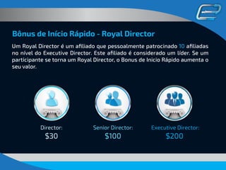 Bônus de Início Rápido - Royal Director
Director:
$30
Senior Director:
$100
Executive Director:
$200
Um Royal Director é um aﬁliado que pessoalmente patrocinado 10 aﬁliadas
no nível do Executive Director. Este aﬁliado é considerado um líder. Se um
participante se torna um Royal Director, o Bonus de Inicio Rápido aumenta o
seu valor.
 