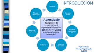 Genética
Contexto
familiar
Procesos
neurobiológi
cos
Desarrollo
Madurativo
Ambiente
Aspectos
emocionales
Proceso
pedagógico
Aprendizaje
Es el proceso de
interacción con la
experiencia, interiorizada
por el individuo y capaz
de influir en su futuro
desempeño.
INTRODUCCIÓN
 