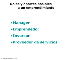 Manager Emprendedor Inversor Proveedor de servicios Roles y aportes posibles  a un emprendimiento 