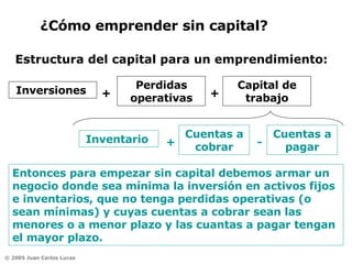 Entonces para empezar sin capital debemos armar un negocio donde sea mínima la inversión en activos fijos e inventarios, que no tenga perdidas operativas (o sean mínimas) y cuyas cuentas a cobrar sean las menores o a menor plazo y las cuantas a pagar tengan el mayor plazo. ¿Cómo emprender sin capital? Estructura del capital para un emprendimiento: Inversiones  Perdidas operativas + + Capital de trabajo Inventario  Cuentas a cobrar + - Cuentas a pagar 