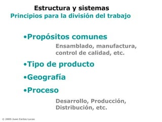Propósitos comunes Ensamblado, manufactura,  control de calidad, etc. Estructura y sistemas Principios para la división del trabajo   Tipo de producto  Geografía Proceso Desarrollo, Producción,  Distribución, etc. 