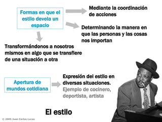 El estilo Formas en que el estilo devela un espacio Apertura de mundos cotidiana Mediante la coordinación de acciones Determinando la manera en que las personas y las cosas nos importan Transformándonos a nosotros mismos en algo que se transfiere de una situación a otra Expresión del estilo en diversas situaciones.  Ejemplo de cocinero, deportista, artista 