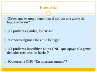 PlanteamientoEn Nuestras Manos es el proyecto pionero de Fundación Ferrara A.C., institución que nació con el propósito de apoyar importantes y diversas causas sociablesPretende crear conciencia colectiva acerca de que a todos nos corresponde actuar para erradicar la pobreza en México a través de los tres ejes ya mencionados.