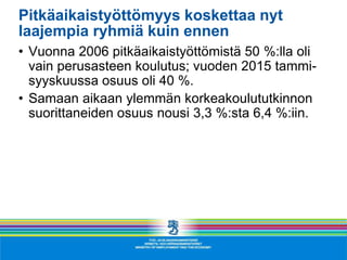 Pitkäaikaistyöttömyys koskettaa nyt
laajempia ryhmiä kuin ennen
• Vuonna 2006 pitkäaikaistyöttömistä 50 %:lla oli
vain perusasteen koulutus; vuoden 2015 tammi-
syyskuussa osuus oli 40 %.
• Samaan aikaan ylemmän korkeakoulututkinnon
suorittaneiden osuus nousi 3,3 %:sta 6,4 %:iin.
 