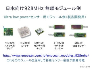 2019/10/31 13
PTM210J
スイッチ
PTM430J
スイッチ用
チップ
STM400J
センサー用
チップ
STM429J
マグネット
センサー
STM431J
温度センサー
http://www.enocean.com/jp/enocean_modules_928mhz/
Ultra low powerセンサー用モジュール例（製品開発用）
これらのモジュールを活用して各種センサー装置が開発可能
 