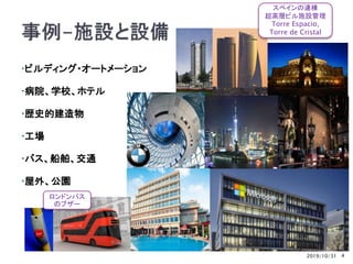 ビルディング・オートメーション
病院、学校、ホテル
歴史的建造物
工場
バス、船舶、交通
屋外、公園
2019/10/31 4
スペインの連棟
超高層ビル施設管理
Torre Espacio,
Torre de Cristal
ロンドンバス
のブザー
 