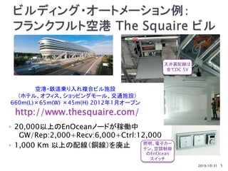 2019/10/31 5
◦ 20,000以上のEnOceanノードが稼働中
GW/Rep:2,000+Recv:6,000+Ctrl:12,000
◦ 1,000 Km 以上の配線（銅線）を廃止
空港・鉄道乗り入れ複合ビル施設
（ホテル、オフィス、ショッピングモール、交通施設）
660m(L)×65m(W) ×45m(H) 2012年1月オープン
http://www.thesquaire.com/
照明、電子カー
テン、空調制御
のEnOcean
スイッチ
天井裏配線は
全てDC 5V
 