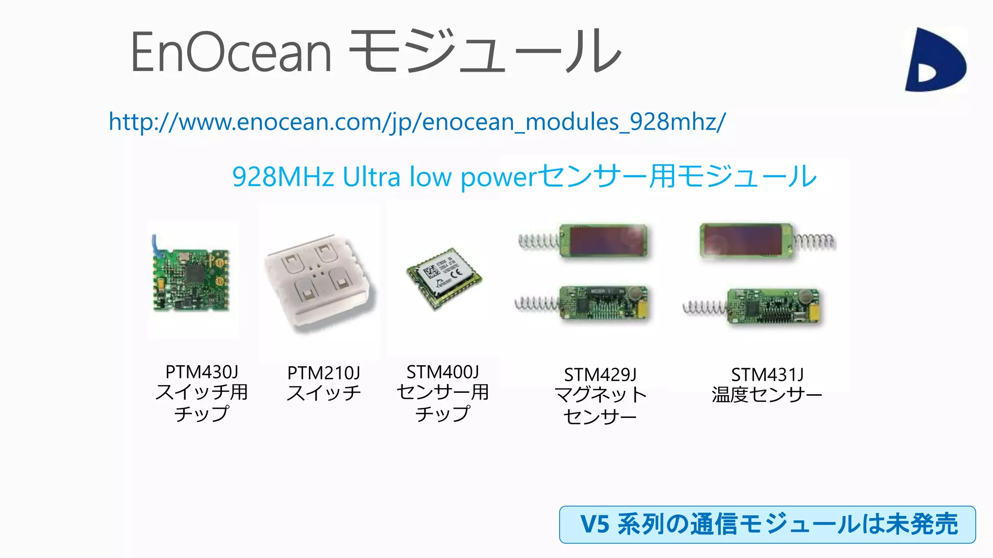 PTM210J
スイッチ
PTM430J
スイッチ用
チップ
STM400J
センサー用
チップ
STM429J
マグネット
センサー
STM431J
温度センサー
http://www.enocean.com/jp/enocean_modules_928mhz/
928MHz Ultra low powerセンサー用モジュール
V5 系列の通信モジュールは未発売
 