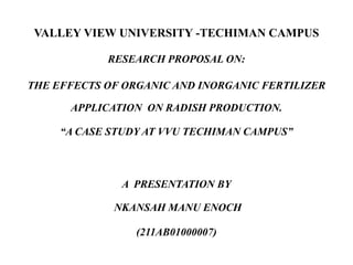 VALLEY VIEW UNIVERSITY -TECHIMAN CAMPUS
RESEARCH PROPOSAL ON:
THE EFFECTS OF ORGANIC AND INORGANIC FERTILIZER
APPLICATION ON RADISH PRODUCTION.
“A CASE STUDY AT VVU TECHIMAN CAMPUS”

A PRESENTATION BY
NKANSAH MANU ENOCH
(211AB01000007)

 